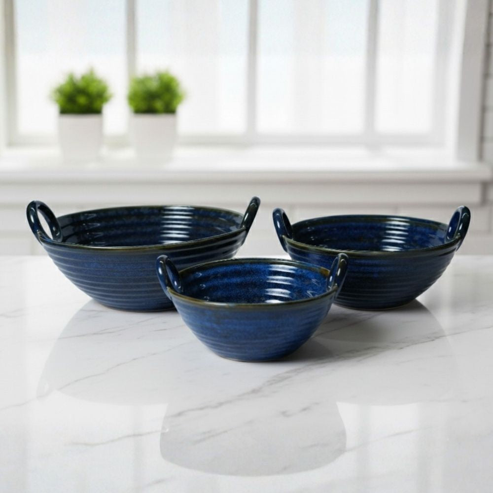 dark blue ceramic serving kadhai set of 3 round serveware style serving bowls for snacks curries and stylish table presentation